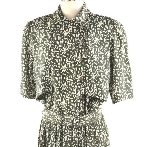 VINTAGE Liz Roberts Green Printed Belted Dress 10 - Picture 1 of 8